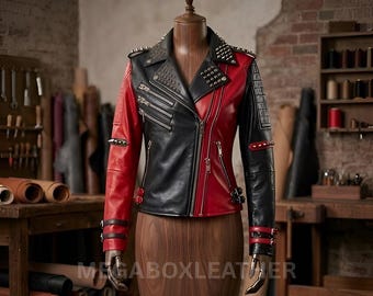 Harley Quinn Style Studded Biker Jacket - Red and Black Color Biker - Gift For Her