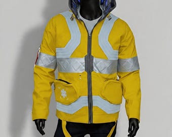May include: A bright yellow jacket featuring light gray reflective panels across the chest, shoulders, and sleeves. The jacket includes a high collar, a front zipper, two front pockets, and a white star of life emblem on the left pocket.