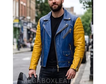 Men's Blue Yellow Leather Biker Jacket, Motorcycle Riding Jacket, Retro Streetwear, Stylish Casual Outerwear, Outfit