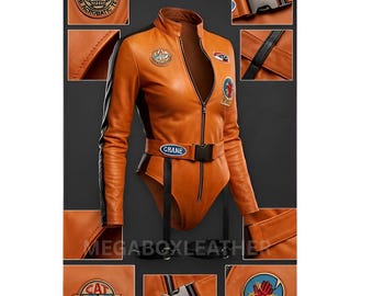 Orange Leather Bodysuit for Women | Pilot Cosplay Leather Romper | Futuristic Retro Flight Suit | Aviator Racing Leotard Jumpsuit