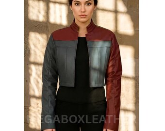 Harley Quinn Style Mehroon and Grey Two-Tone Leather Jacket | Women's Cropped Cosplay Biker Style.