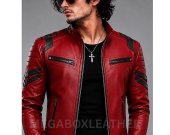 Men's Cafe Racer Biker Jacket Stand Collar Motorcycle, Outfit, Cosplay Red Biker, Outwear, Gift For Him, Outfit.