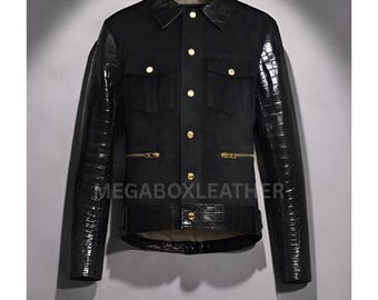 Men's Black Suede Leather Jacket, Faux Crocodile Texture Sleeves, Elegant Outfit, Stylish Outerwear, Luxury Biker Fashion Jacket for Men