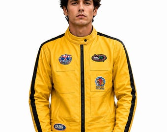 Kill bill cosplay yellow leather jacket for men, biker cosplay gift,  anime gamer teachwear.