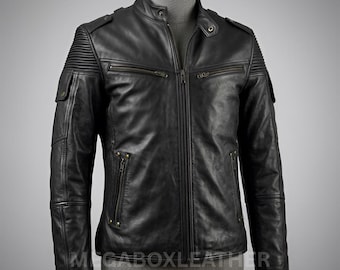 Men's Black Cafe Racer Leather Jacket - Genuine Lambskin Slim Fit Biker - Vintage Motorcycle Outerwear.