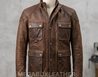 Men's Distressed Cow Leather Field Jacket – Quilted Shoulders, Vintage Moto Style