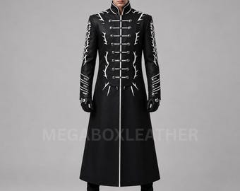 Cyberpunk Trench Coat, Anime Cosplay, Black Sheep Leather Gothic Military Long Coat, White PU Detail Work, Outfit.