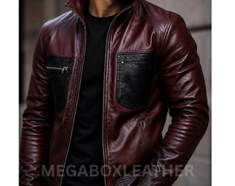 Men's Maroon Sheep Leather Biker Jacket | Black Contrast Pockets, YKK Zip Coat