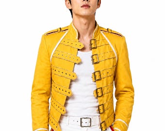 Freddie Mercury Inspired Yellow Leather Jacket | Men's Rock Star Concert Costume | Buckle Military Style Halloween Cosplay