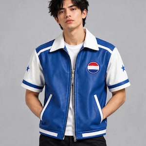 Royal Blue Leather Varsity Jacket for Men, Retro Racing Jacket, White Sleeve Motorcycle, Streetwear Outfit, Biker Outerwear