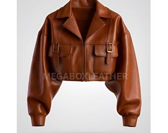 Women Vintage Cognac Brown Sheep Leather Cropped Jacket – Ultra-Chic Boxy Fit, Brass Buckle Details,