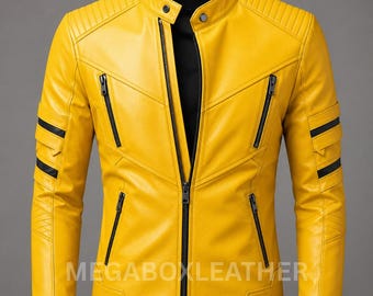Men's Yellow Sheep Leather Biker Jacket | Cafe Racer Motorcycle Style