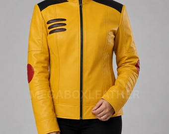 Yellow Anime Cosplay Jacket, Electric Mouse Inspired Costume, Leather Jacket with Brown and Red Detail Work, Unisex Costume Coat