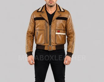 Star Wars Inspired Tan Leather Jacket Men Sci Fi Cosplay Bomber Jacket Brown Rib Cuff Buckle Utility Pockets Halloween Costume