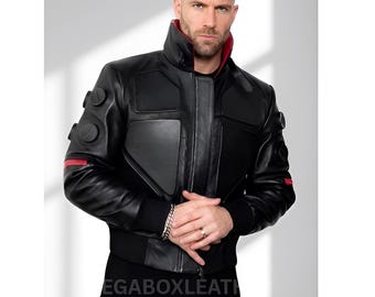 Men's Real Leather Jacket, Anime Cosplay Jacket, Black Tactical Outerwear, Biker Gothic Coat, Fantasy Costume Outfit