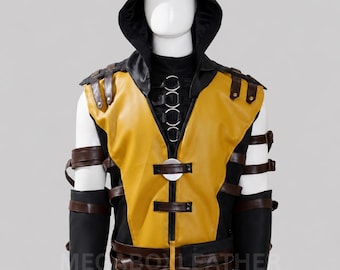 Mortal Kombat Scorpion Cosplay Costume, Yellow Sheep Leather & Black Cotton Ninja Vest, Brown Leather Armor, Handmade Warrior Outfit for Men