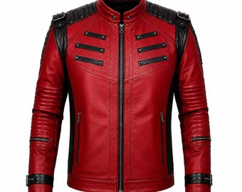 Men's Cafe Racer Red Sheep Leather Biker Jacket: Military Style Moto Stand Collar