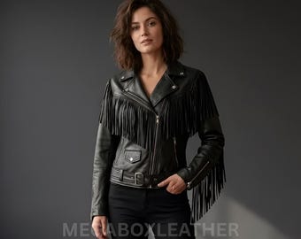 Women’s Black Fringe Leather Biker Jacket, Western Cowgirl Motorcycle, Vintage Rocker Jacket, Boho Coat, Gift For Him