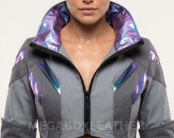 Women’s Gray Cropped Jacket, Cotton Glitter Strip Jacket, Iridescent Streetwear Outerwear, Fashion Zip Up Outfit