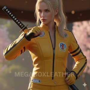 May include: A yellow leather jacket with black stripes on the sleeves and a matching pair of pants. The jacket has a zipper closure and patches on the chest. The text "MEGA BOX LEATHER" and "CRANE" are visible. A katana is held over the shoulder.