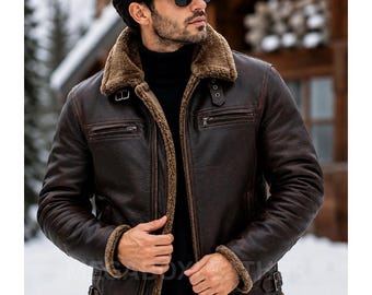 Men's Brown Shearling Sheepskin Leather Jacket –  Winter Aviator Style