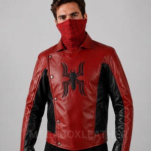 Spider-Man Cosplay Jacket, Red Black Leather Superhero Costume, Web Hero Biker, Comic Con Halloween Gift for Men, Adults, Fans, Gift!