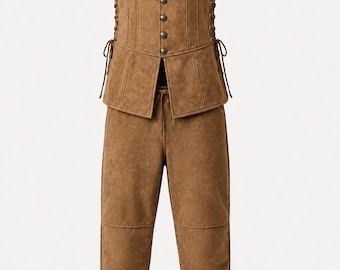 Men's Medieval Brown Suede Leather Vest | Renaissance LARP Fantasy Costume Waistcoat & Trouser