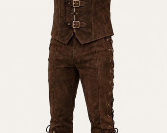 Men's Renaissance Costume Set Brown Suede Leather Vest & Pants | Medieval LARP Outfit | Viking Pirate Halloween Cosplay Costume