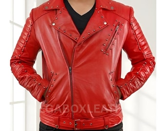 Mens Red Leather Biker Jacket Gothic Studded Coat Streetwear - Motorcycle Jacket - Gift for Him
