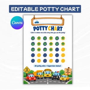 May include: An editable potty chart featuring a wooden sign header, a grid of blue and yellow circles, and cartoon vehicles including a red car, yellow dump truck, school bus, police car, and yellow taxi. Text includes "POTTY CHART" and "30 potty wins = Superstar status!"