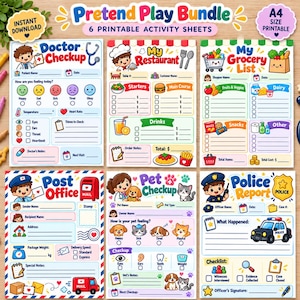 May include: A bundle of six A4 printable activity sheets for pretend play, featuring themes like Doctor Checkup, My Restaurant, My Grocery List, Post Office, Pet Checkup, and Police Report, with colourful cartoon illustrations and fillable fields.