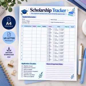 以下が含まれることがあります： 卒業帽のアイコンが付いたヘッダー、奨学金の詳細を記録するための10行の番号付きテーブル、申請チェックリスト、メモや重要な日付を記入するセクションを備えた、印刷可能な奨学金トラッカー文書。