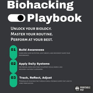 May include: A green and white guide with the title "Biohacking Playbook" and the text "Unlock your biology. Master your routine. Perform at your best."  The guide is divided into three sections: Build Awareness, Apply Daily Systems, and Track, Reflect, Adjust.