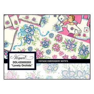 May include: Vintage embroidery patterns with blue and pink orchids, green leaves, and blue ribbons. The image includes a woman in a white top and apron, and the text "Vogart" and "Lovely Orchids".