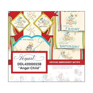 May include: A collection of vintage embroidery motifs with angel illustrations. The image showcases designs with angels, stars, and text including "HOLDER" and "HOT POTS." The Vogart label is present, along with the text "Angel Child."