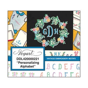 May include: A collage of vintage embroidery motifs and alphabet designs. The central image displays a floral wreath with the letters "GDH". The text "Personalizing Alphabet" is visible, along with the brand name "Vogart".