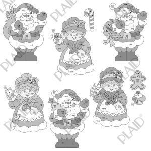 May include: A collection of grayscale Christmas-themed cutouts, including Santa Claus figures, Mrs. Claus figures, a gingerbread man, and a cupcake. Each figure is numbered, and some hold holiday items like candy canes and gifts. The figures are designed for crafting.