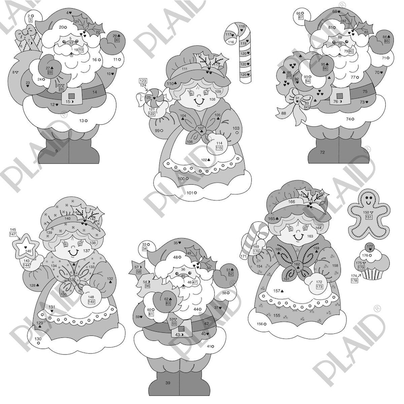 May include: A collection of grayscale Christmas-themed cutouts, including Santa Claus figures, Mrs. Claus figures, a gingerbread man, and a cupcake. Each figure is numbered, and some hold holiday items like candy canes and gifts. The figures are designed for crafting.