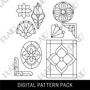 May include: A collection of black and white digital stained glass patterns. The patterns include floral and geometric designs, with each section numbered. The text "DIGITAL PATTERN PACK" is at the bottom.