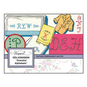 May include: Vintage illustration of embroidery motifs, including letters and designs. The image features a yellow shirt, a towel with the letter "K", and other embroidered letters. The text reads "Graceful Alphabets".