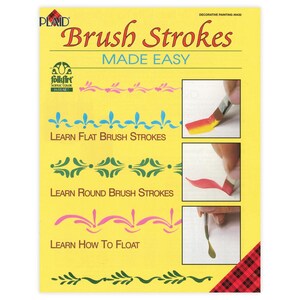 Può includere: Una guida gialla intitolata "Brush Strokes Made Easy" con esempi di pennellate piatte, rotonde e fluttuanti. La guida presenta il marchio FolkArt Acrylic Color e include dimostrazioni di pittura passo dopo passo.