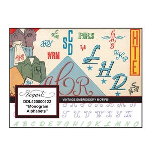 Puede incluir: Una ilustración de estilo vintage con varios alfabetos de monogramas y motivos de bordado. La imagen incluye ejemplos de letras bordadas, ropa y el texto "Vogart" y "Monogram Alphabets".