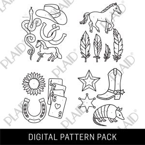 May include: Black and white digital pattern pack featuring cowboy-themed illustrations. Includes a cowboy hat, horseshoe, horse, feathers, playing cards, star, sheriff badge, cowboy boot, snake, sunflower, and armadillo.