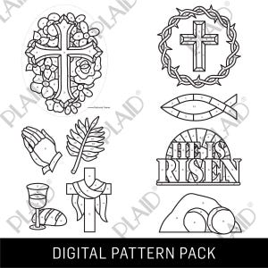 May include: A digital pattern pack featuring religious symbols, including a cross, a crown of thorns, a fish, praying hands, a palm branch, a chalice, and the phrase "He Is Risen." The designs are outlined in black and include numbered sections.