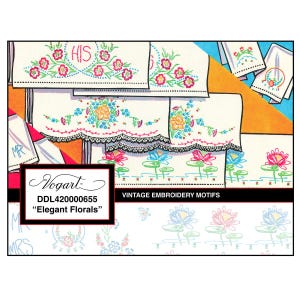 May include: Vintage embroidery motifs with floral designs in red, pink, blue, and yellow. The image shows embroidered handkerchiefs and decorative elements. The text reads "Elegant Florals" and "Vintage Embroidery Motifs".