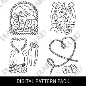 Op de afbeelding: Een digitaal patroonpakket met western-thema ontwerpen. Het bevat een cowgirl-portret, een paardenkop met een hoefijzer, een hart, een cactus, een hoefijzer met bloemen, een touwhart en bloemen. De tekst "COWGIRL" is zichtbaar.
