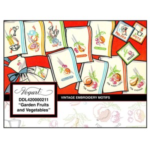 May include: A collection of vintage embroidery motifs featuring garden fruits and vegetables. The designs include embroidered images of pears, peaches, and other fruits on white towels with colourful stripes and text. The image also includes the text "Vogart" and "Garden Fruits and Vegetables."