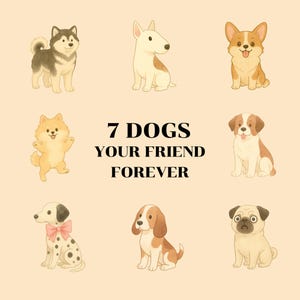 7 Cute Dog Clipart Bundle – Kawaii Puppy Illustrations, Printable Wall Art, PNG Files for Sublimation, Stickers, Crafts, Scrapbooking