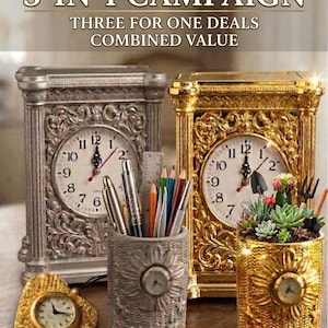 Peut inclure: Deux horloges rectangulaires aux cadres ornés argentés et dorés, deux porte-stylos cylindriques à motifs de tournesols et deux montres de poche en forme de cœur. Le texte indique : LIMITED TIME! OFFERS 3-IN-1 CAMPAIGN THREE FOR ONE DEALS COMBINED VALUE.