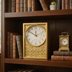 May include: A rectangular gold-toned clock with a woven texture background and a circular white face featuring black Arabic numerals and the word Quartz. The clock has black hour, minute, and second hands and is positioned on a wooden shelf.